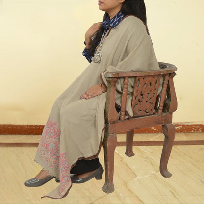Sanskriti Vintage Ivory Long Pure Woolen Shawl Woven Scarf Throw Winter Stole