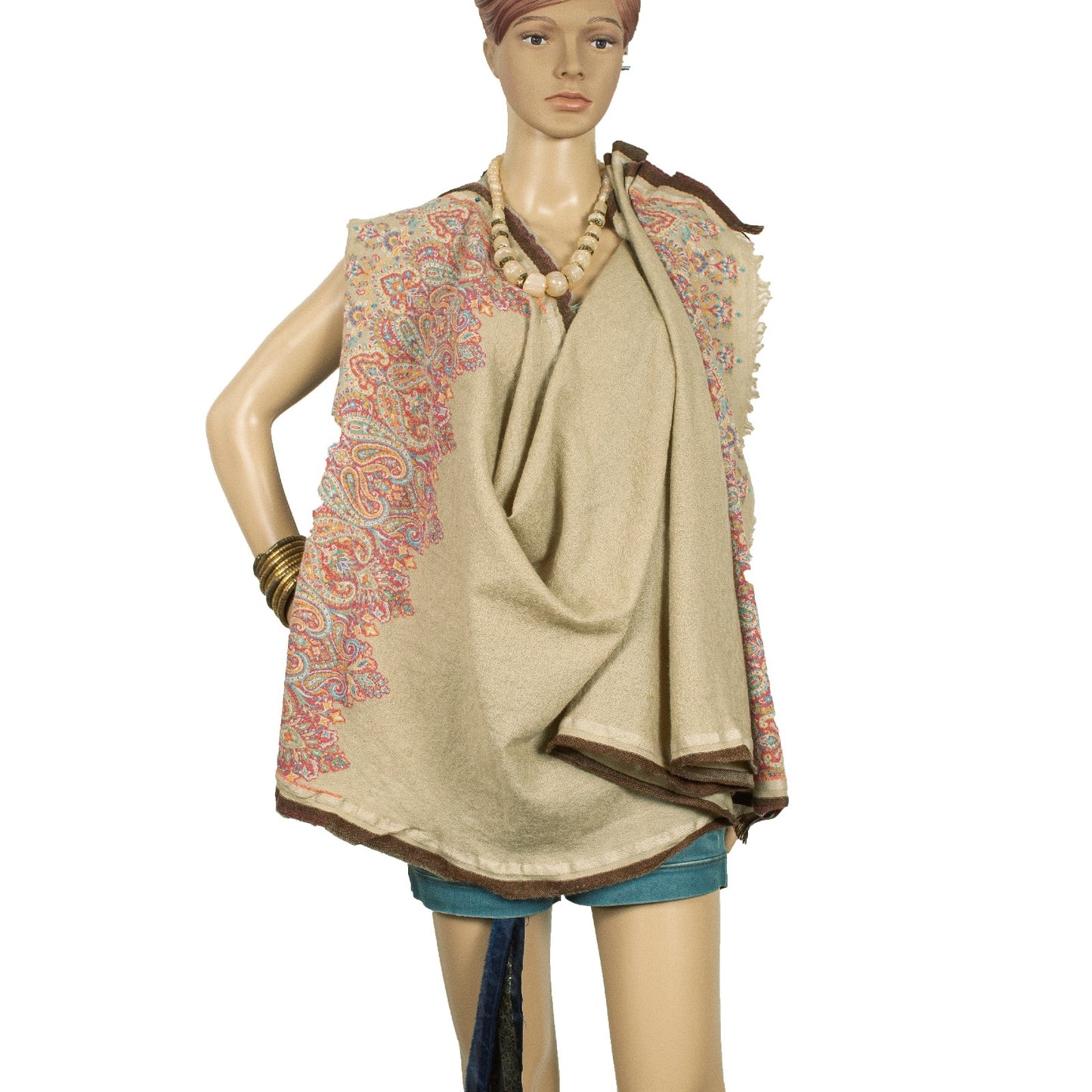Sanskriti Vintage Ivory Long Pure Woolen Shawl Woven Scarf Throw Winter Stole