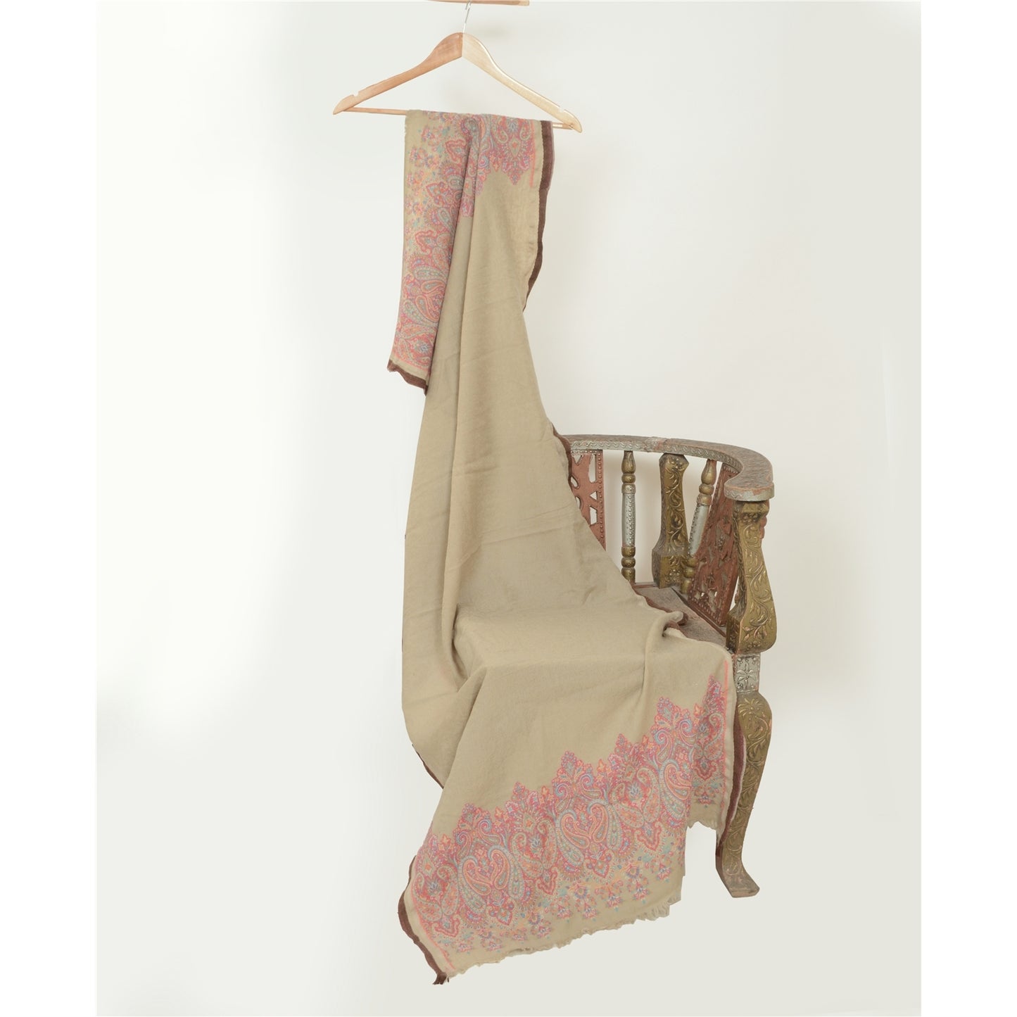 Sanskriti Vintage Ivory Long Pure Woolen Shawl Woven Scarf Throw Winter Stole