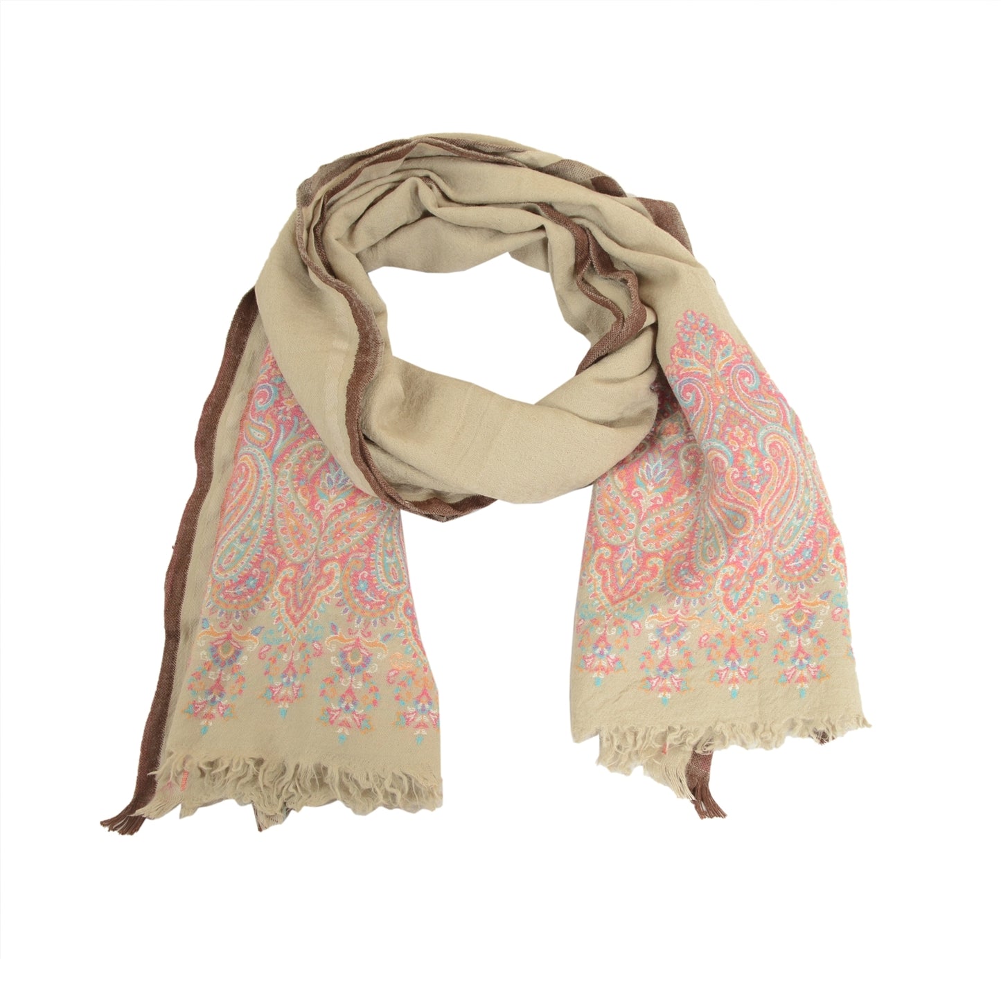 Sanskriti Vintage Ivory Long Pure Woolen Shawl Woven Scarf Throw Winter Stole