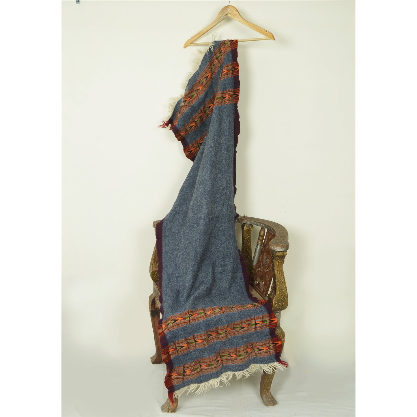 Sanskriti Vintage Grey 100% Pure Woolen Handmade Kullu Shawl Long Throw Stole