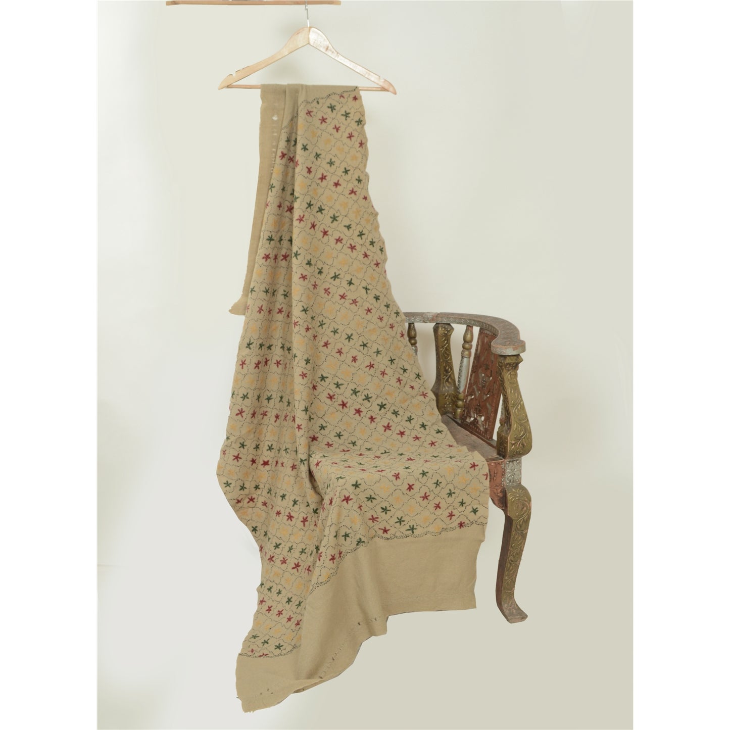 Sanskriti Vintage Ivory Pure Woolen Shawl Handmade Kantha Long Throw Stole