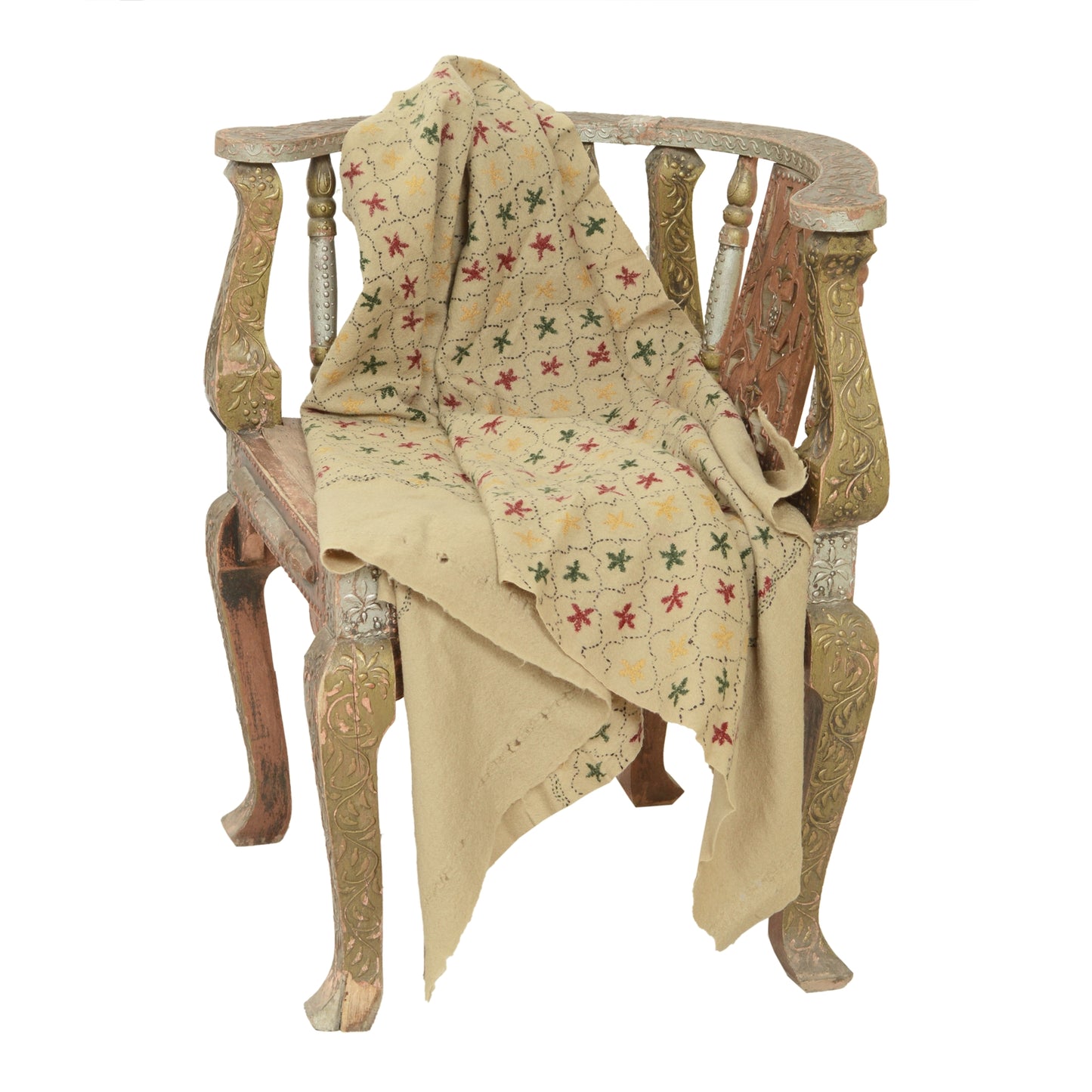 Sanskriti Vintage Ivory Pure Woolen Shawl Handmade Kantha Long Throw Stole