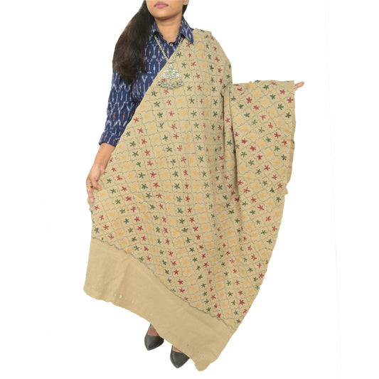 Sanskriti Vintage Ivory Pure Woolen Shawl Handmade Kantha Long Throw Stole