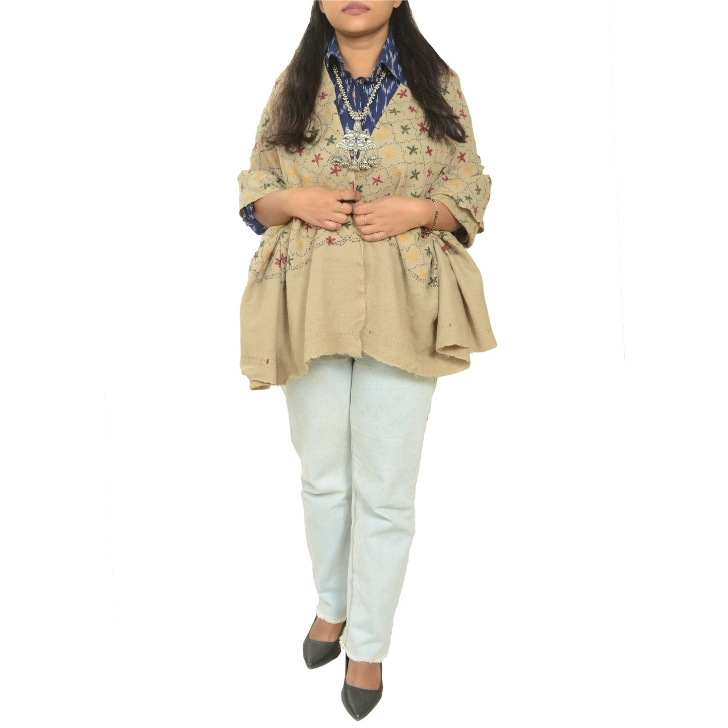 Sanskriti Vintage Ivory Pure Woolen Shawl Handmade Kantha Long Throw Stole