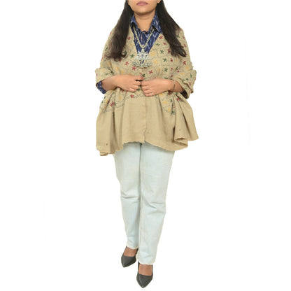 Sanskriti Vintage Ivory Pure Woolen Shawl Handmade Kantha Long Throw Stole
