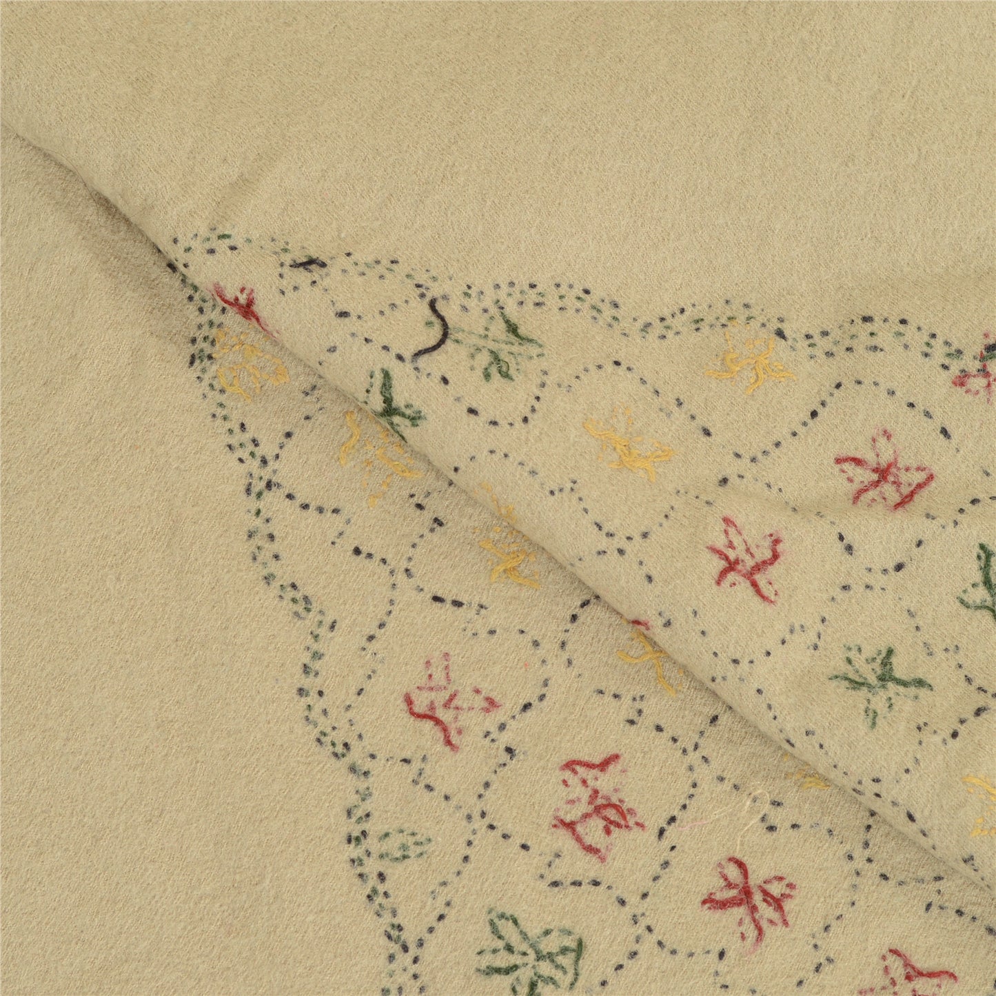 Sanskriti Vintage Ivory Pure Woolen Shawl Handmade Kantha Long Throw Stole
