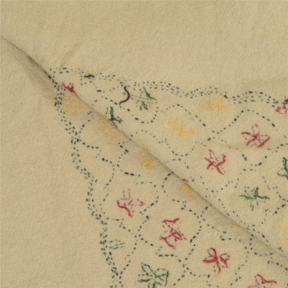 Sanskriti Vintage Ivory Pure Woolen Shawl Handmade Kantha Long Throw Stole