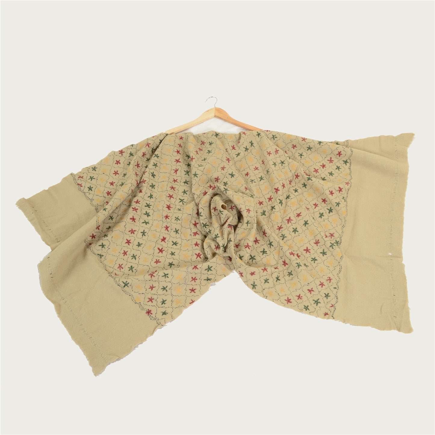 Sanskriti Vintage Ivory Pure Woolen Shawl Handmade Kantha Long Throw Stole