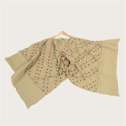 Sanskriti Vintage Ivory Pure Woolen Shawl Handmade Kantha Long Throw Stole