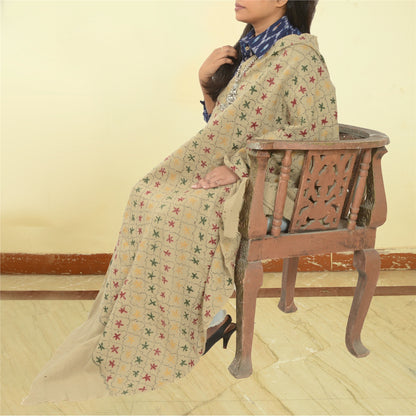 Sanskriti Vintage Ivory Pure Woolen Shawl Handmade Kantha Long Throw Stole