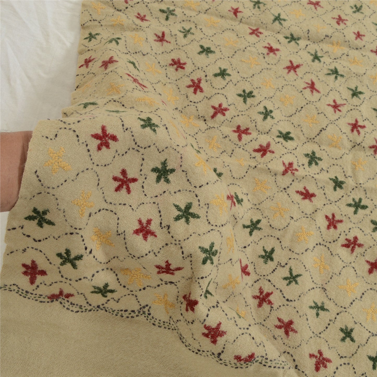 Sanskriti Vintage Ivory Pure Woolen Shawl Handmade Kantha Long Throw Stole