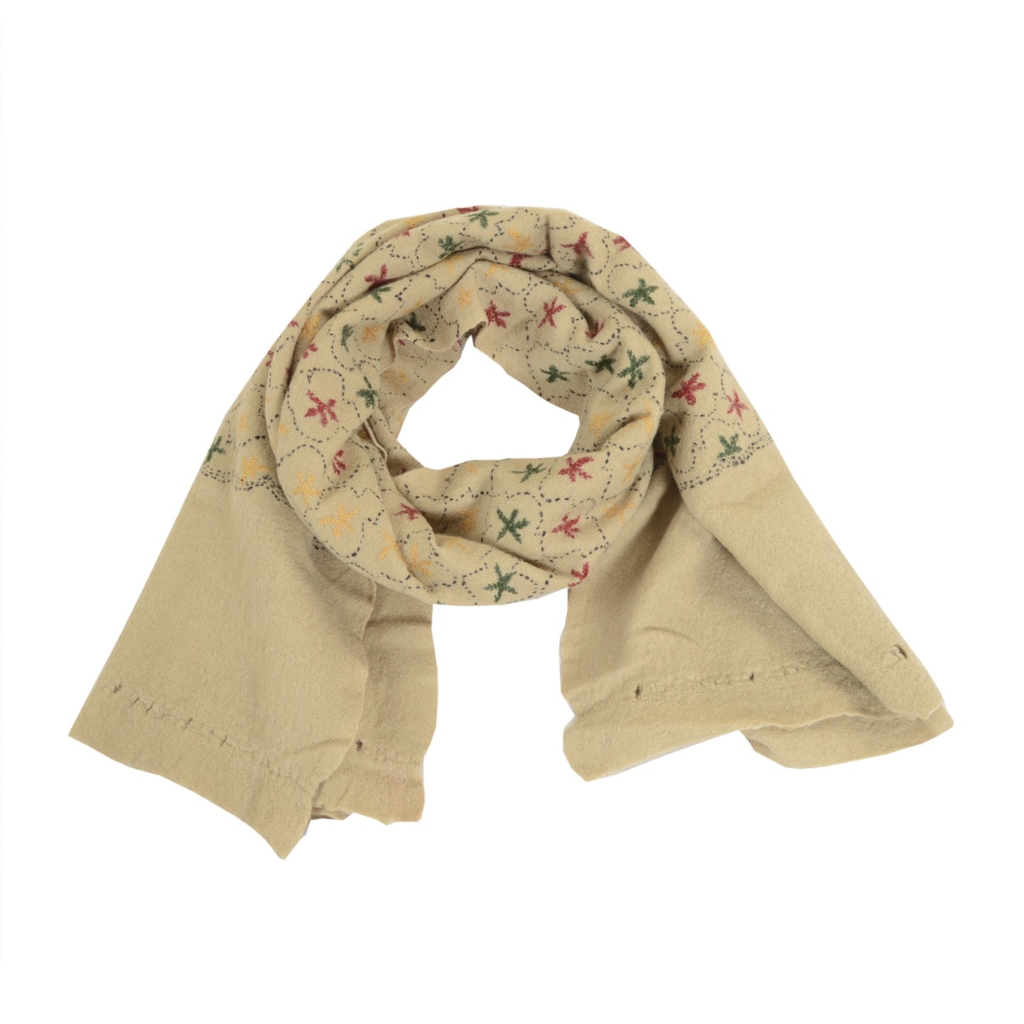Sanskriti Vintage Ivory Pure Woolen Shawl Handmade Kantha Long Throw Stole