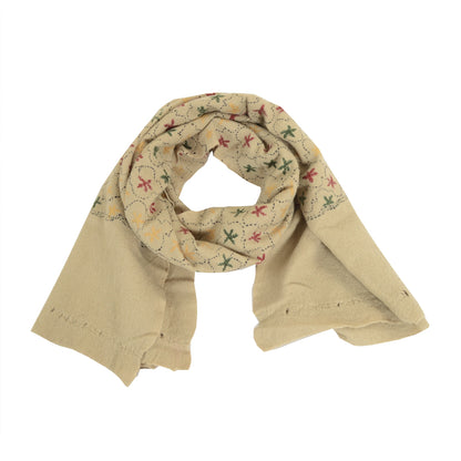 Sanskriti Vintage Ivory Pure Woolen Shawl Handmade Kantha Long Throw Stole