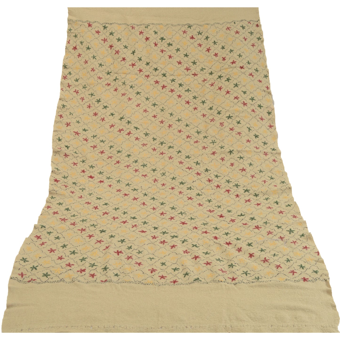 Sanskriti Vintage Ivory Pure Woolen Shawl Handmade Kantha Long Throw Stole