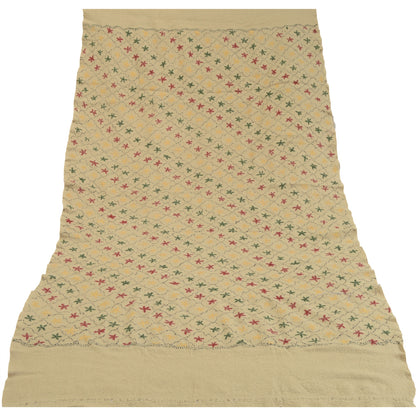 Sanskriti Vintage Ivory Pure Woolen Shawl Handmade Kantha Long Throw Stole