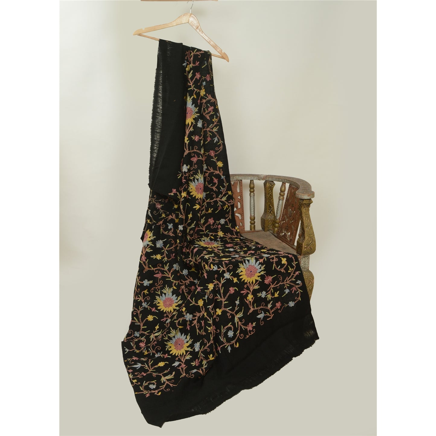 Sanskriti Vintage Long Black Pure Woolen Shawl Handmade Ari Work Scarf Stole