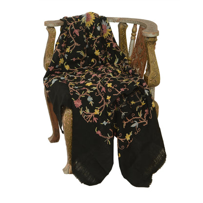 Sanskriti Vintage Long Black Pure Woolen Shawl Handmade Ari Work Scarf Stole
