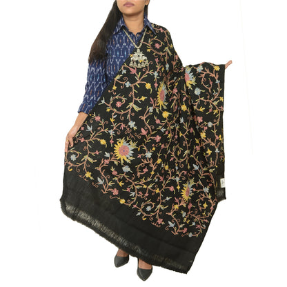 Sanskriti Vintage Long Black Pure Woolen Shawl Handmade Ari Work Scarf Stole
