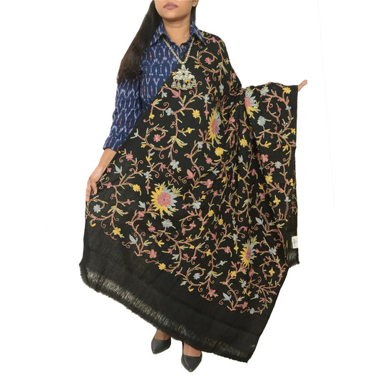 Sanskriti Vintage Long Black Pure Woolen Shawl Handmade Ari Work Scarf Stole