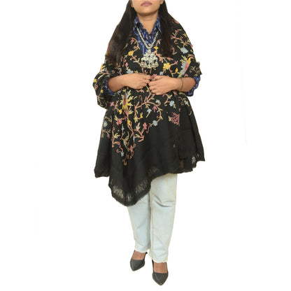 Sanskriti Vintage Long Black Pure Woolen Shawl Handmade Ari Work Scarf Stole