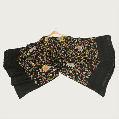 Sanskriti Vintage Long Black Pure Woolen Shawl Handmade Ari Work Scarf Stole