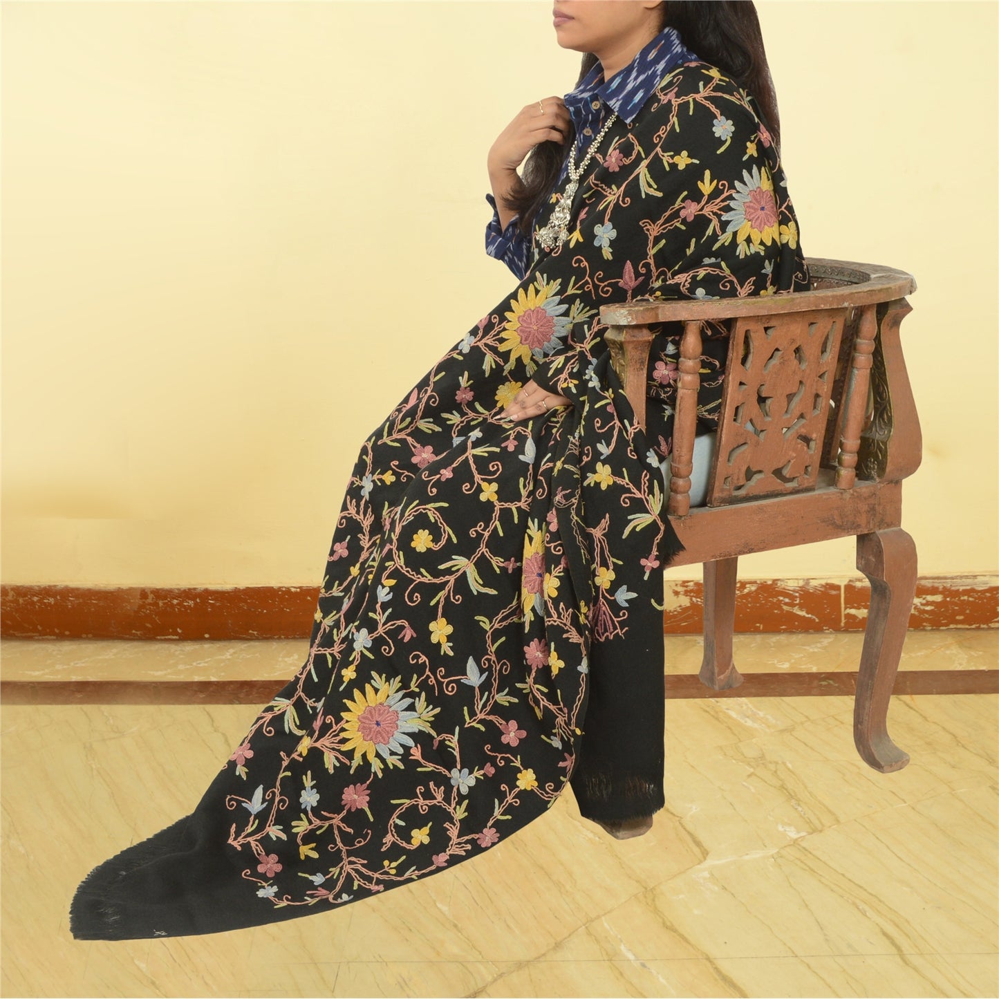 Sanskriti Vintage Long Black Pure Woolen Shawl Handmade Ari Work Scarf Stole