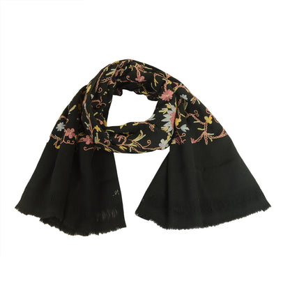 Sanskriti Vintage Long Black Pure Woolen Shawl Handmade Ari Work Scarf Stole