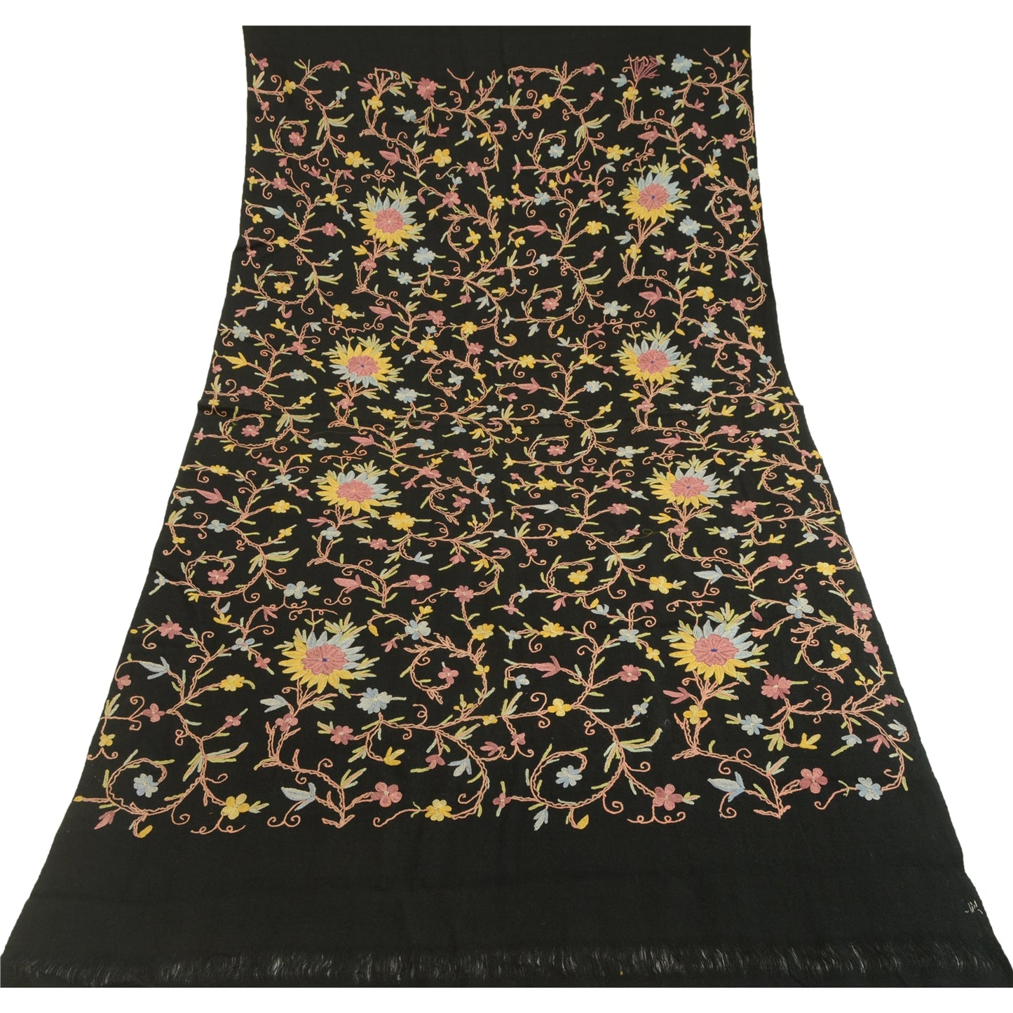 Sanskriti Vintage Long Black Pure Woolen Shawl Handmade Ari Work Scarf Stole