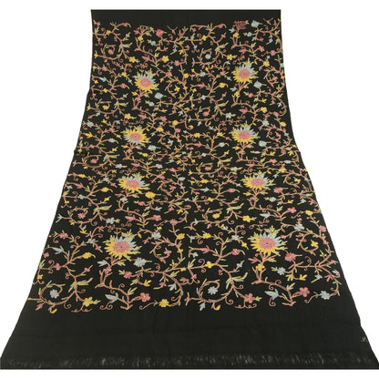 Sanskriti Vintage Long Black Pure Woolen Shawl Handmade Ari Work Scarf Stole