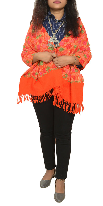 Sanskriti Vintage Long Orange Pure Woolen Shawl Handmade Ari Work Scarf Stole