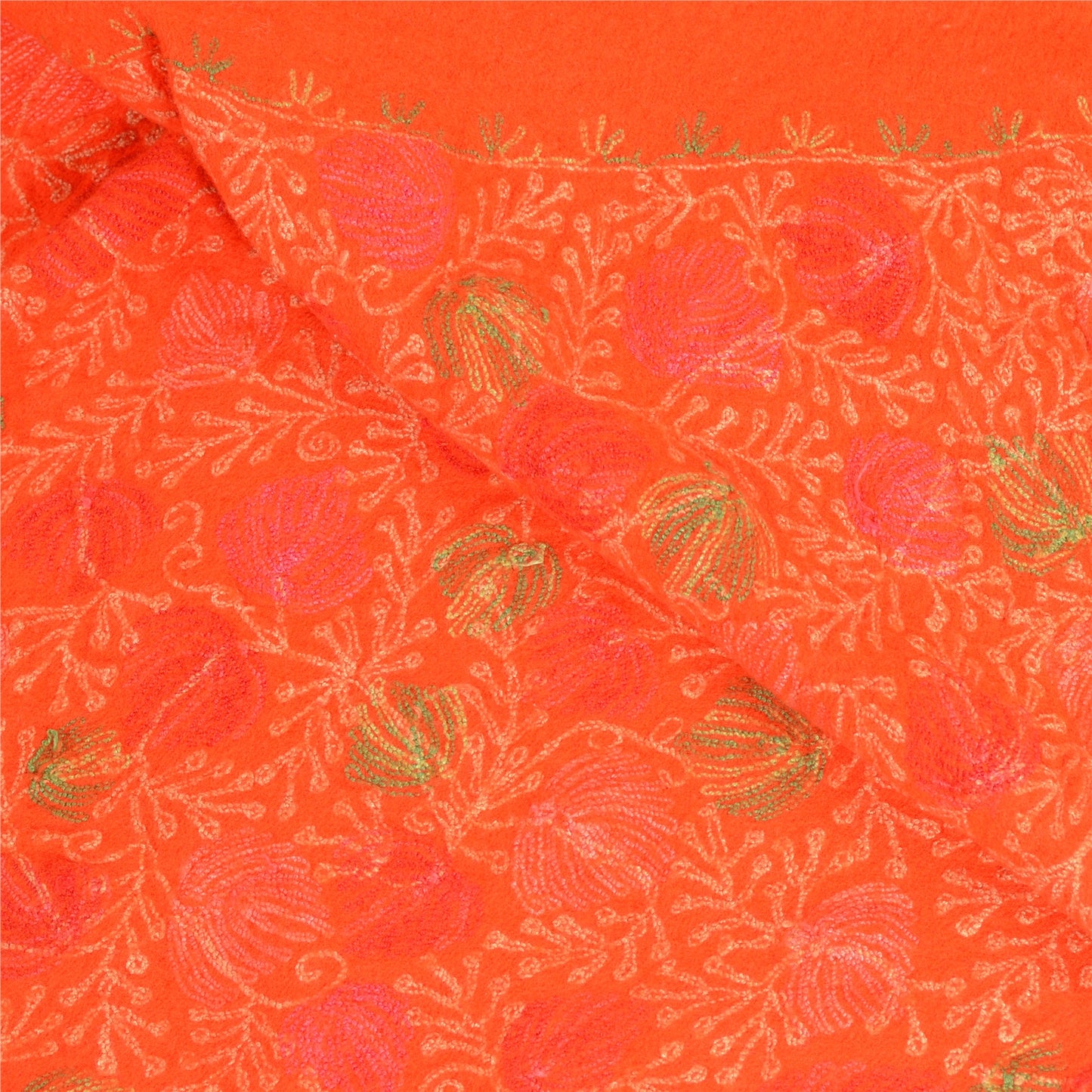 Sanskriti Vintage Long Orange Pure Woolen Shawl Handmade Ari Work Scarf Stole