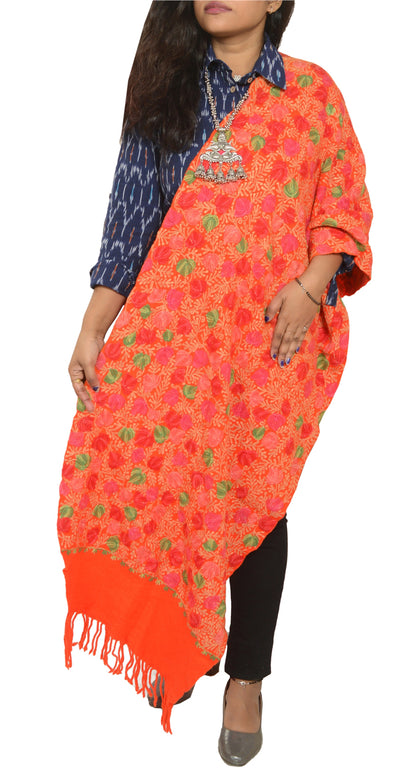 Sanskriti Vintage Long Orange Pure Woolen Shawl Handmade Ari Work Scarf Stole