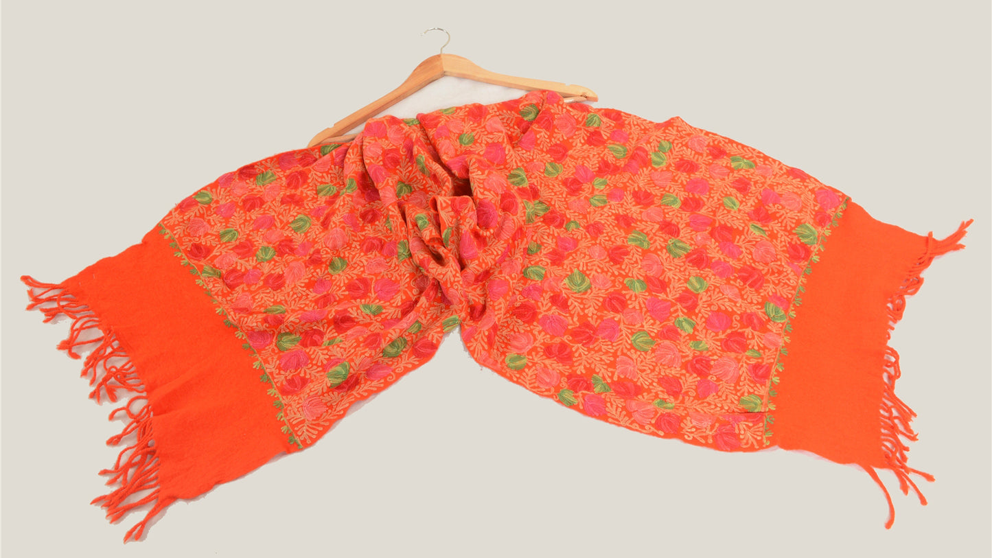 Sanskriti Vintage Long Orange Pure Woolen Shawl Handmade Ari Work Scarf Stole