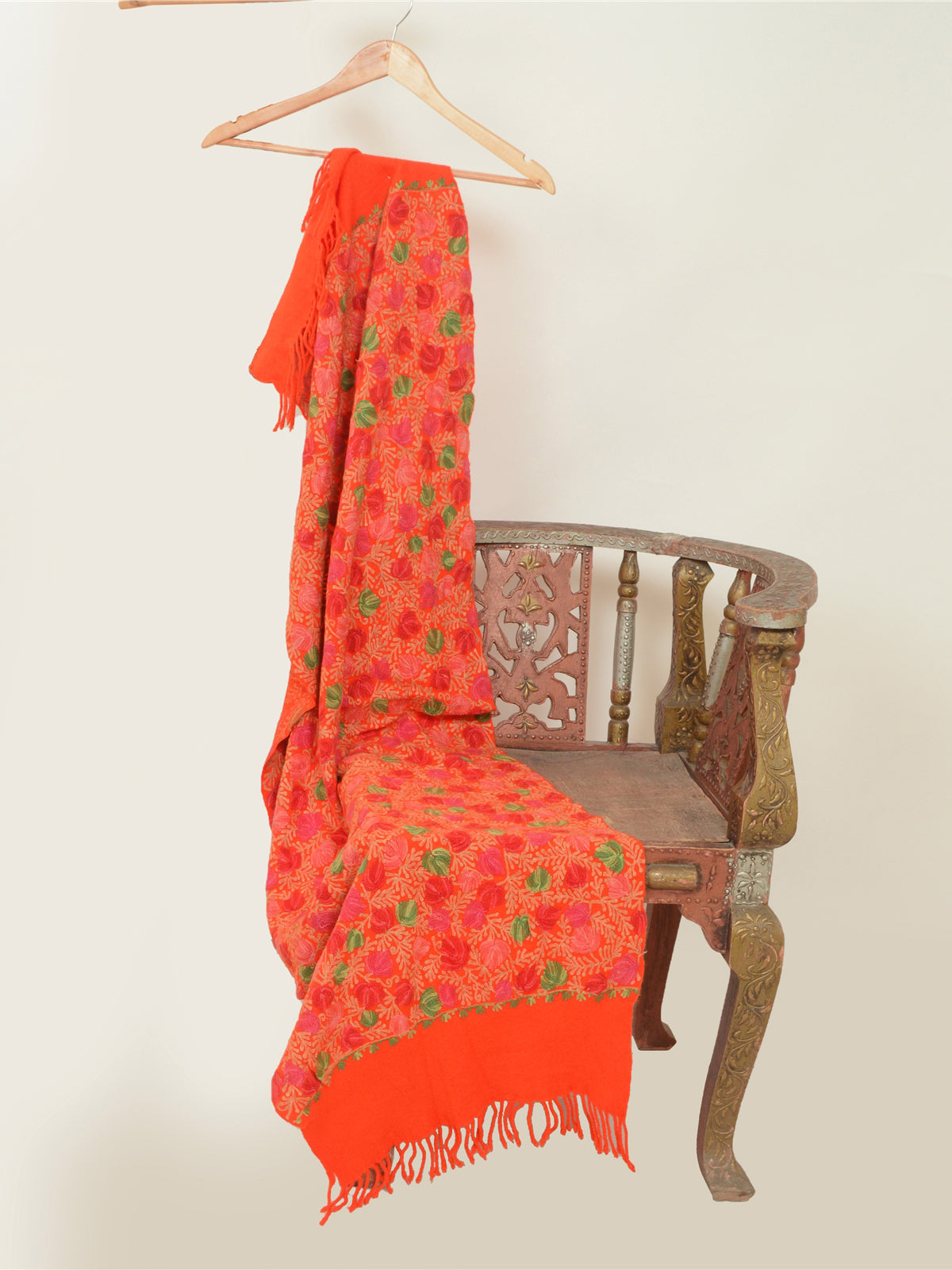 Sanskriti Vintage Long Orange Pure Woolen Shawl Handmade Ari Work Scarf Stole