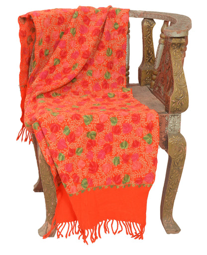 Sanskriti Vintage Long Orange Pure Woolen Shawl Handmade Ari Work Scarf Stole