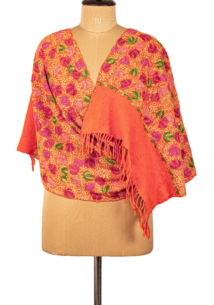Sanskriti Vintage Long Orange Pure Woolen Shawl Handmade Ari Work Scarf Stole