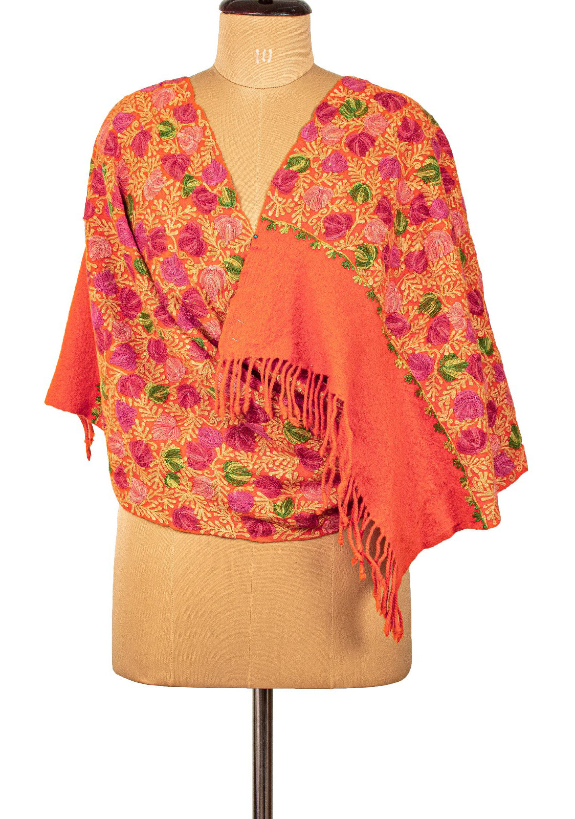 Sanskriti Vintage Long Orange Pure Woolen Shawl Handmade Ari Work Scarf Stole