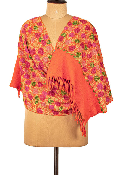 Sanskriti Vintage Long Orange Pure Woolen Shawl Handmade Ari Work Scarf Stole