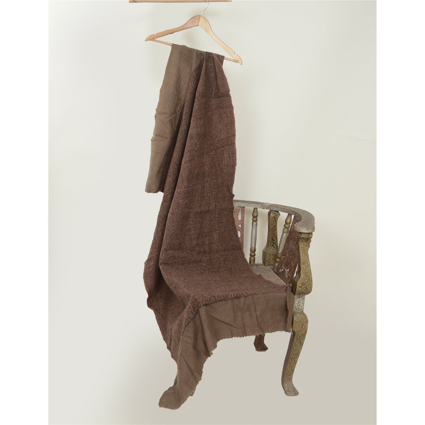 Sanskriti Vintage Brown Long Shawl Pure Woollen Woven Scarf Throw Floral Stole