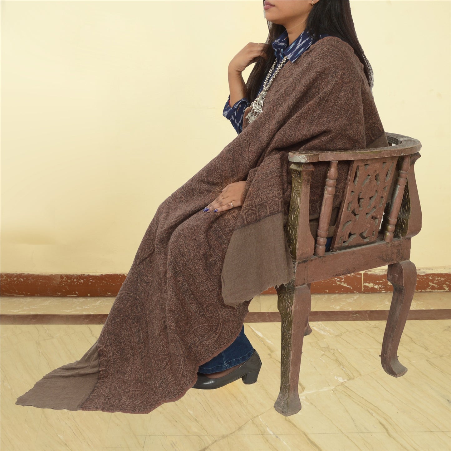 Sanskriti Vintage Brown Long Shawl Pure Woollen Woven Scarf Throw Floral Stole