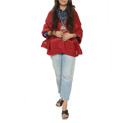 Sanskriti Vintage Long Dark Red Pure Woollen Shawl Handmade Suzani Scarf Stole