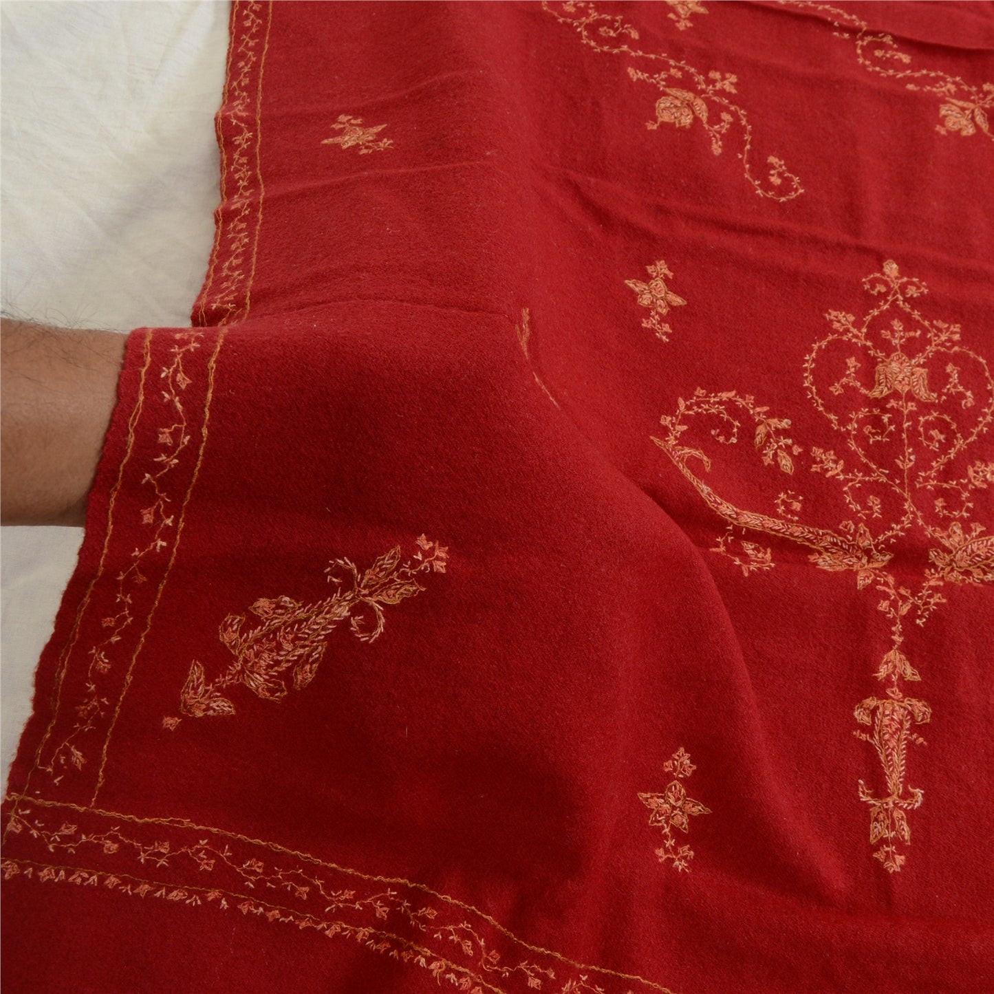 Sanskriti Vintage Long Dark Red Pure Woollen Shawl Handmade Suzani Scarf Stole