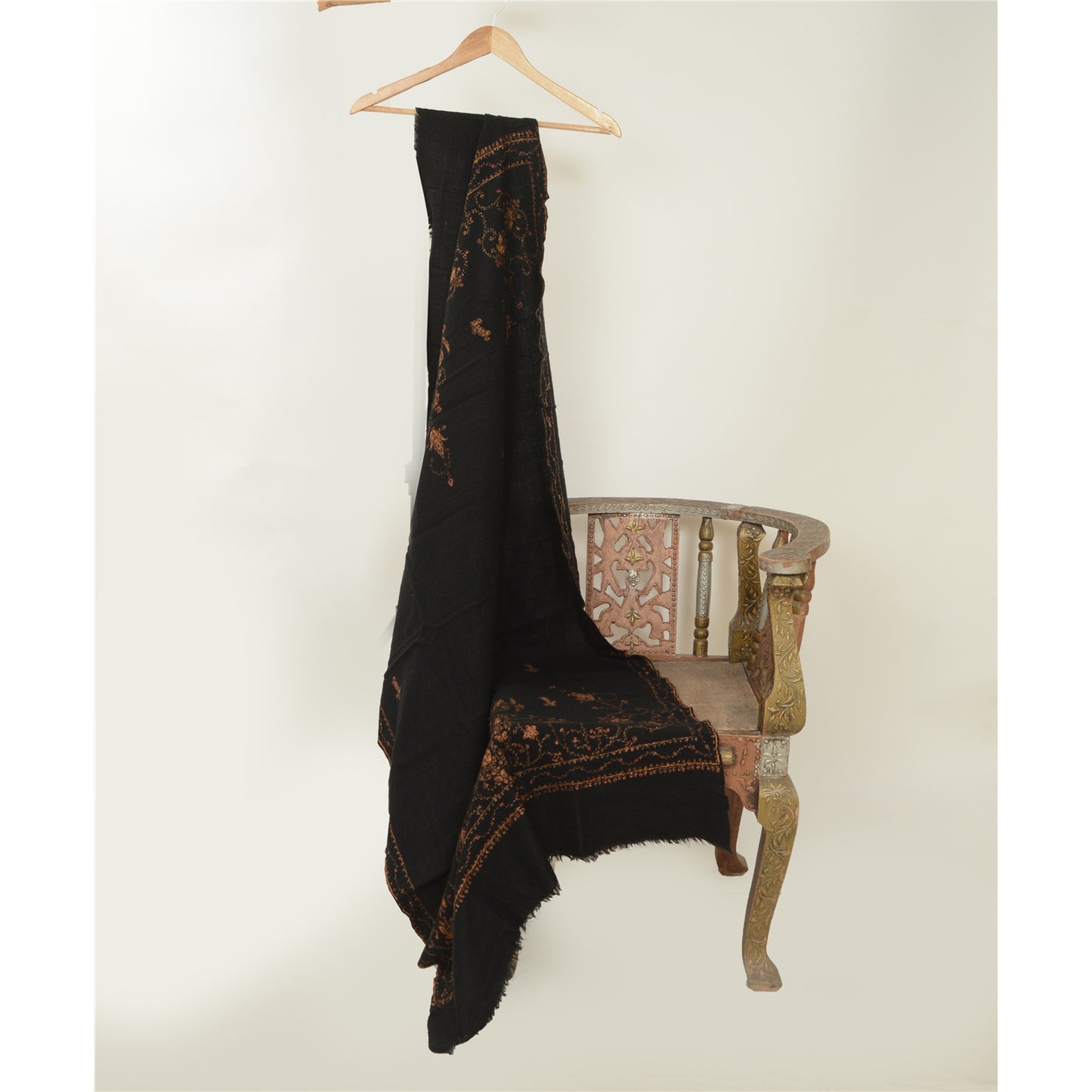 Sanskriti Vintage Black Long Pure Woollen Shawl Handmade Suzani Scarf Stole
