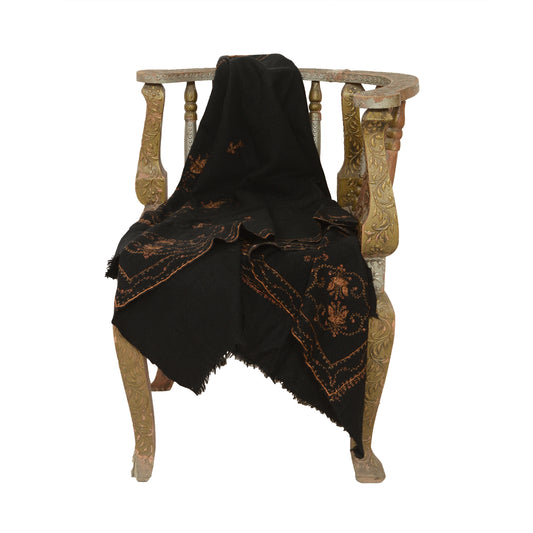 Sanskriti Vintage Black Long Pure Woollen Shawl Handmade Suzani Scarf Stole