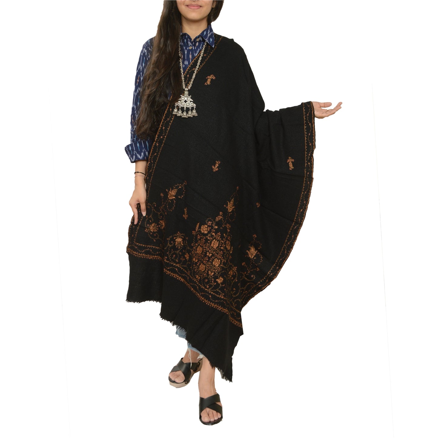 Sanskriti Vintage Black Long Pure Woollen Shawl Handmade Suzani Scarf Stole