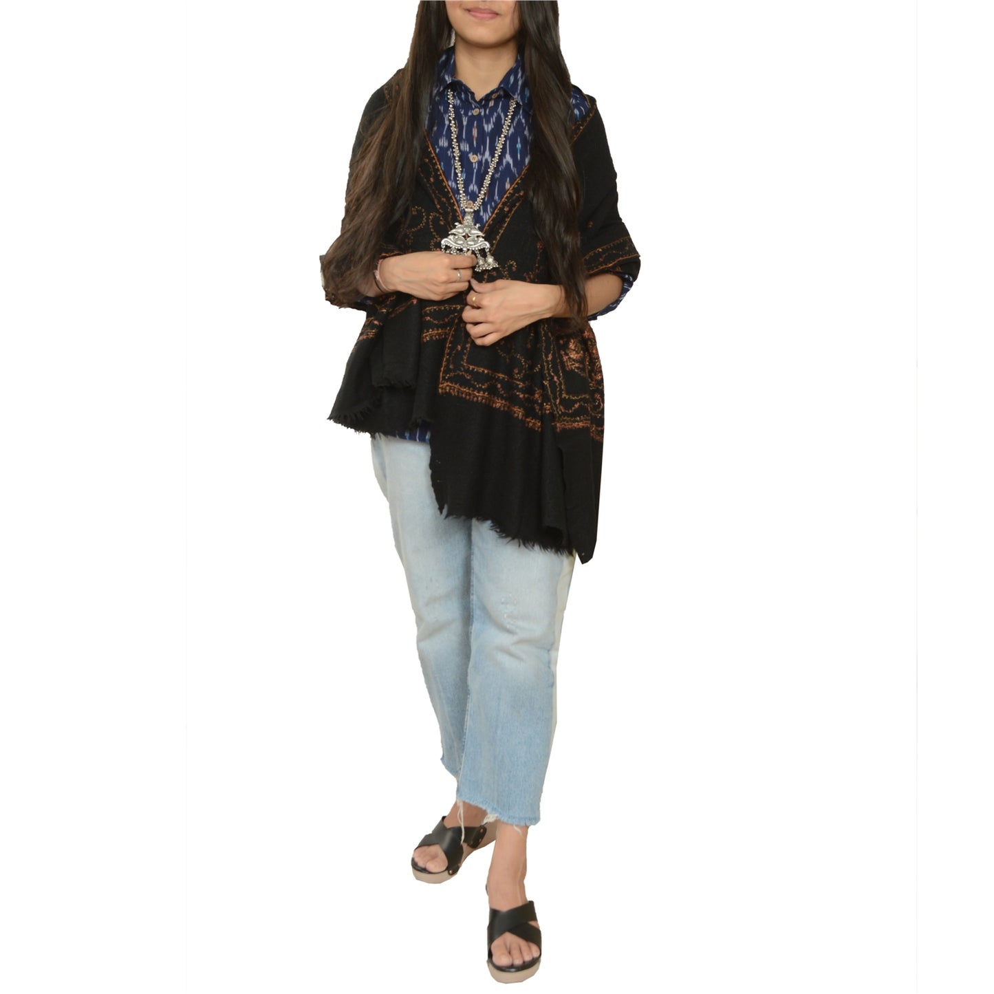 Sanskriti Vintage Black Long Pure Woollen Shawl Handmade Suzani Scarf Stole