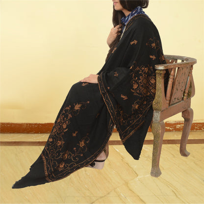 Sanskriti Vintage Black Long Pure Woollen Shawl Handmade Suzani Scarf Stole