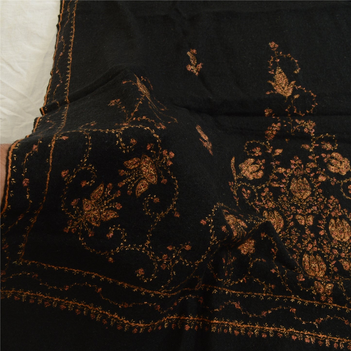 Sanskriti Vintage Black Long Pure Woollen Shawl Handmade Suzani Scarf Stole