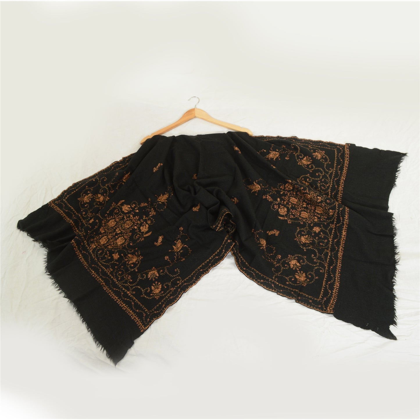 Sanskriti Vintage Black Long Pure Woollen Shawl Handmade Suzani Scarf Stole